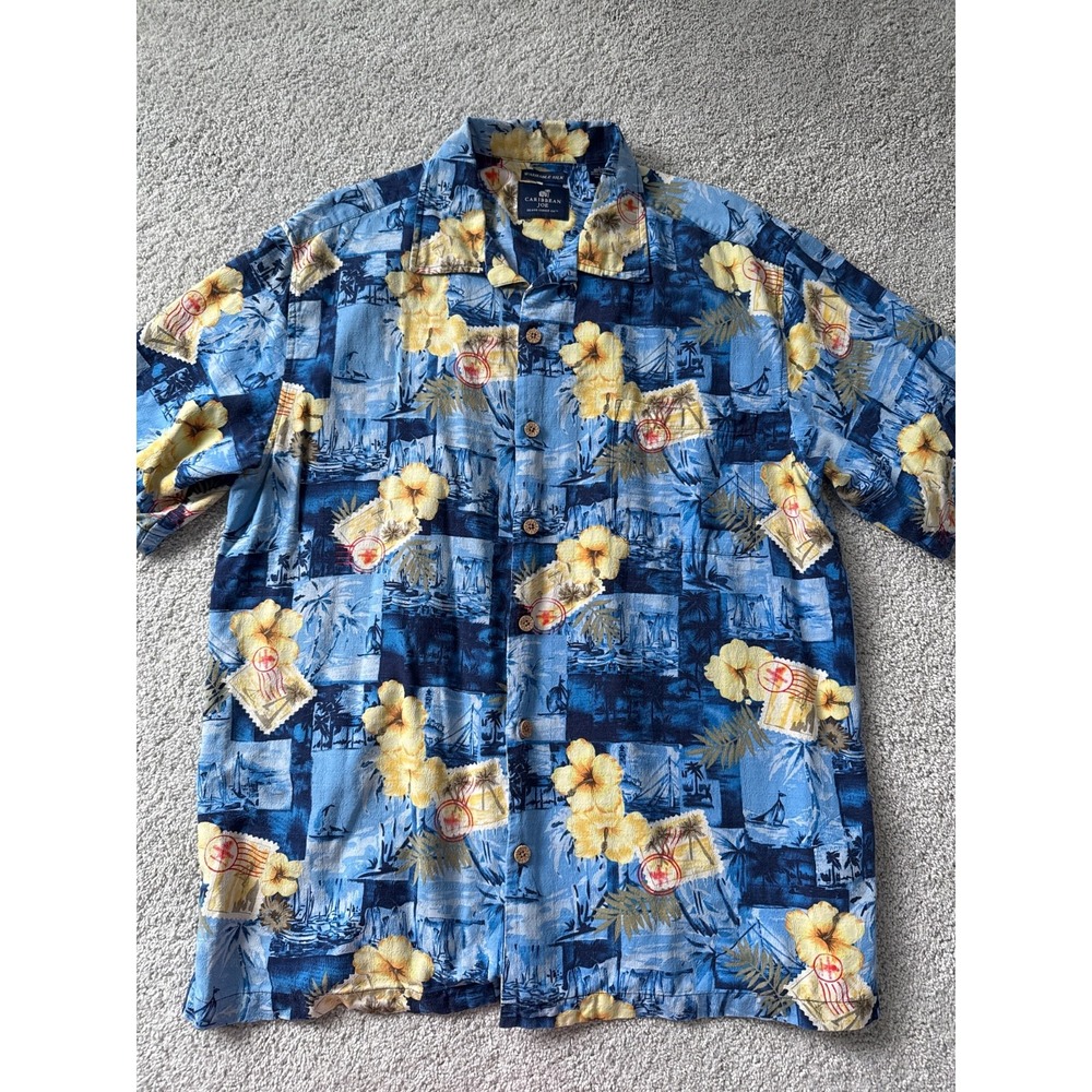 CARIBBEAN JOE Men's Large Shirt Washable Silk Blue‎ Hawaiian Hibiscus Tropical